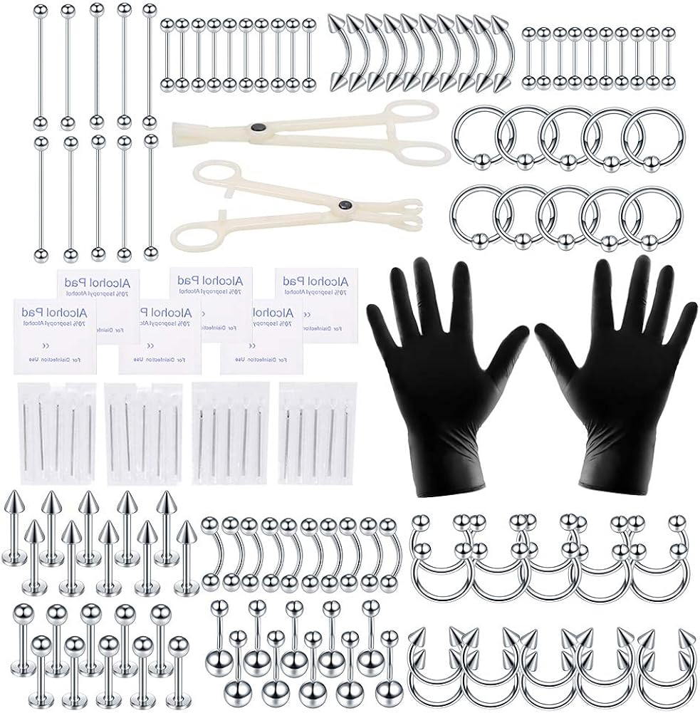 Xpircn 140PCS Piercing Kit Stainless Steel 14G 16G Nose Lip Tongue Tragus Daith