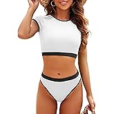 Jolefile Two Piece Swimsuits for Women High Neck Tankini Bathing Suits Tummy Control Ribbed Swim Suits for Teens Girls