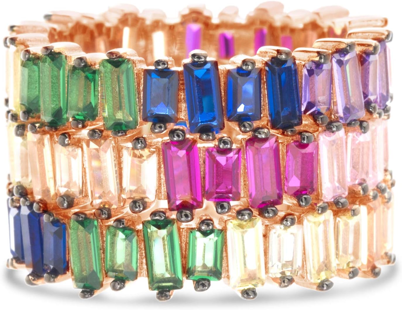 Rose Gold Plated Sterling Silver Rainbow Baguette Cubic Zirconia Stacking Rings for Women 3 Piece Set Eternity Bands (Various Sizes)