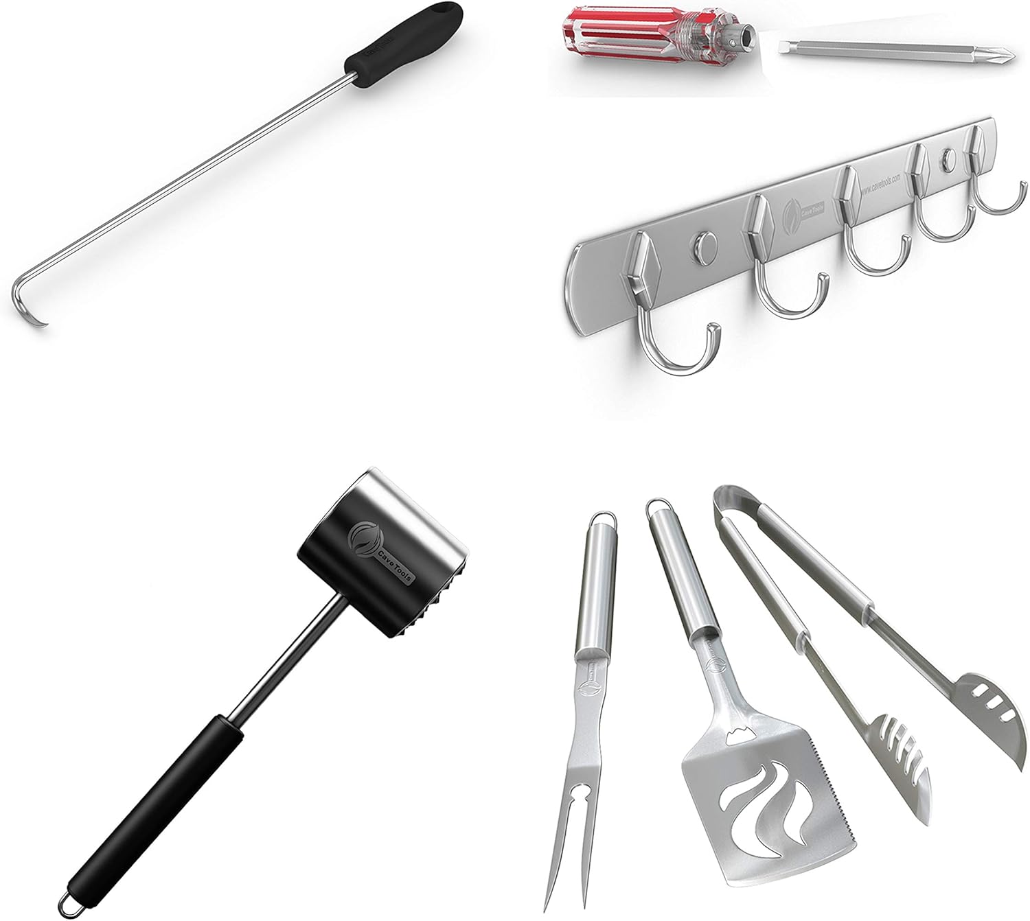 Food Flipper Extended + Grilling Tools Set + Hook Rack + Meat Tenderizer