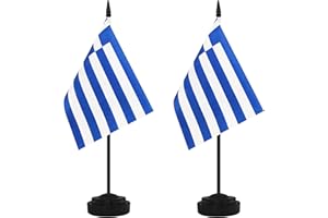 YAMIUO 2 Pack Greece Desk Flag Set, Greek Desktop Small Miniature Table Office Flag with 12" Black Pole and Black Base, Offices, Classroom, Home, Festival Decoration (Greece)