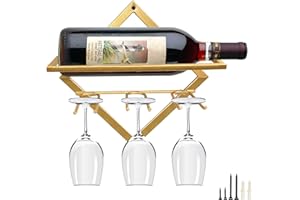 AUHOKY Metal Wall Mounted Wine Holder, Upgrade Collapsible Wall Hanging Red Wine Racks Organizer with 3 Stem Glass Holders, Red Wine Bottle Display Hanger with Screws for Home Kitchen Bar Wall Décor…