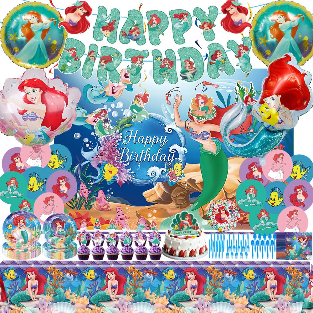 Photo 1 of Cartoon Birthday Decorations, Include Backdrop Tablecloth Banner Balloons Hanging Swirls Tableware Set Cake Cupcake Toppers Stickers