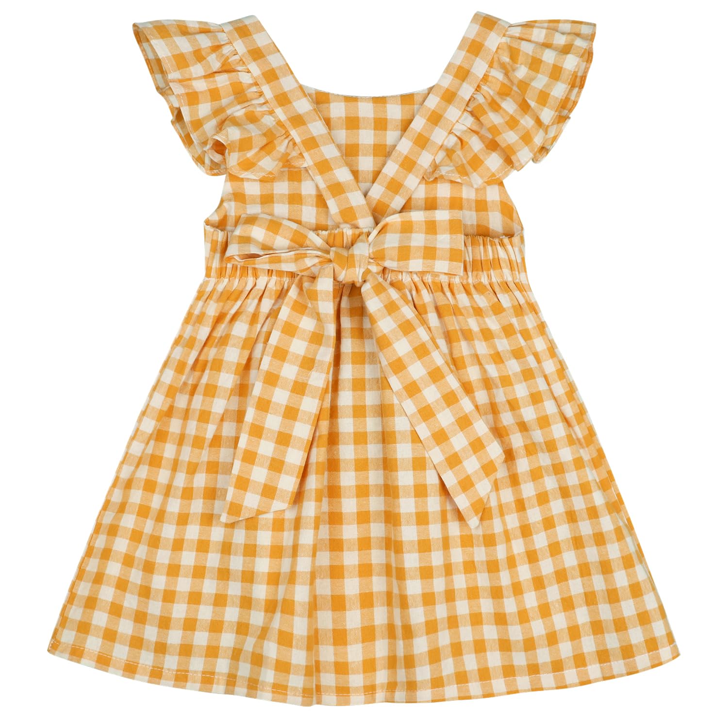 Photo 1 of AGQT Little Girls Plaid Dress Gingham Fly Sleeve Backless Summer Dresses Spring Smocked Birthday Easter Dresses Light Orange Size 4-5T