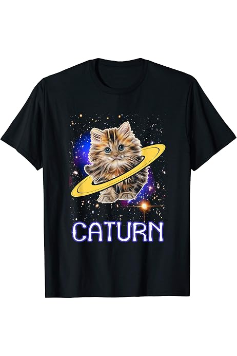 Space Caturn Saturn Black T-Shirt Cat 