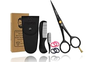 SILLVER Professional Mustache Scissors 5 Inch, Razor Edged and Serrated, Beard Comb, Mustache Comb, Pouch -Beard Trimming Scissors for All Facial Hair– Grooming Scissors
