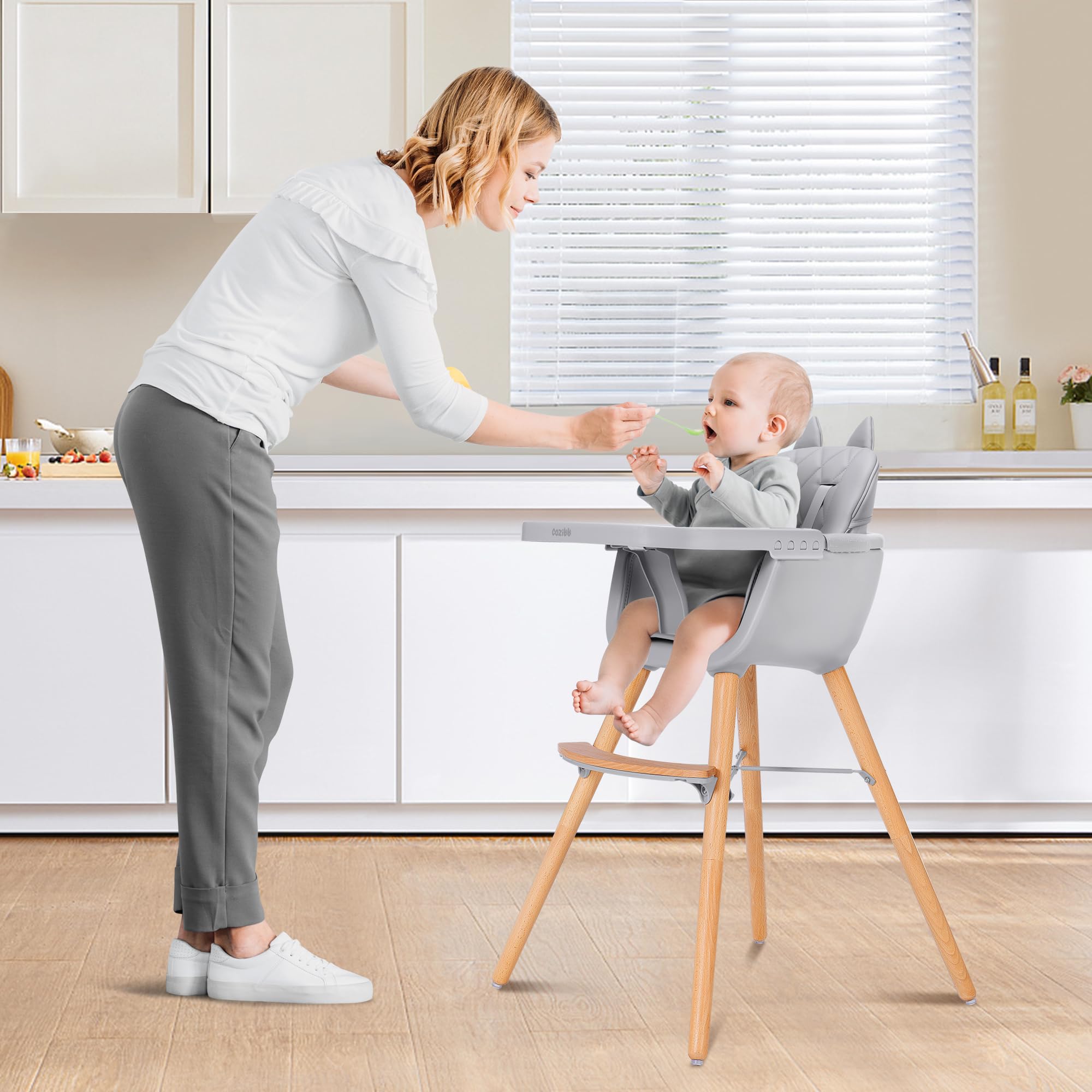 CoziBB 4-in-1 Baby High Chair, Convertible Easy-to-Clean Wooden Highchair for Infant, Kids& Children, 3 Position Tray, Leatherette Seat, Modern and Compact Design, Grey