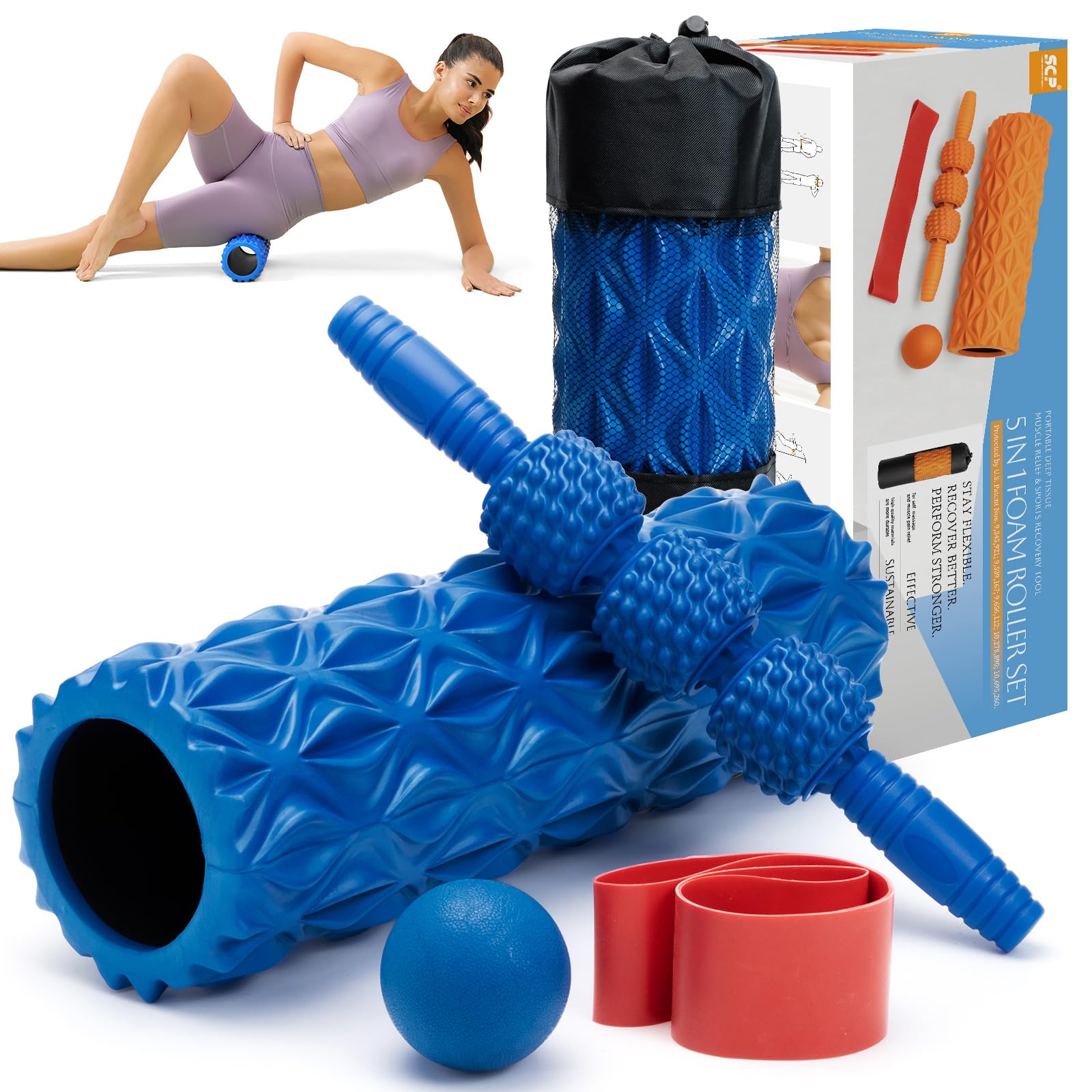Photo 1 of 5 in1 Foam Roller Set, Trigger Point Foam Roller, Massage Roller Stick, Massage Ball, Resistance Band for Deep Muscle Massage Pilates Yoga,Fitness Exercise for Whole Body (Pure Blue)
