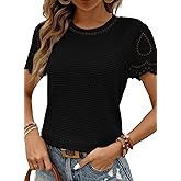 SHEWIN Womens Frenchy Summer Tops Crewneck Short Sleeve T Shirts Casual Waffle Knit Jacquard Blouses Top Shirts