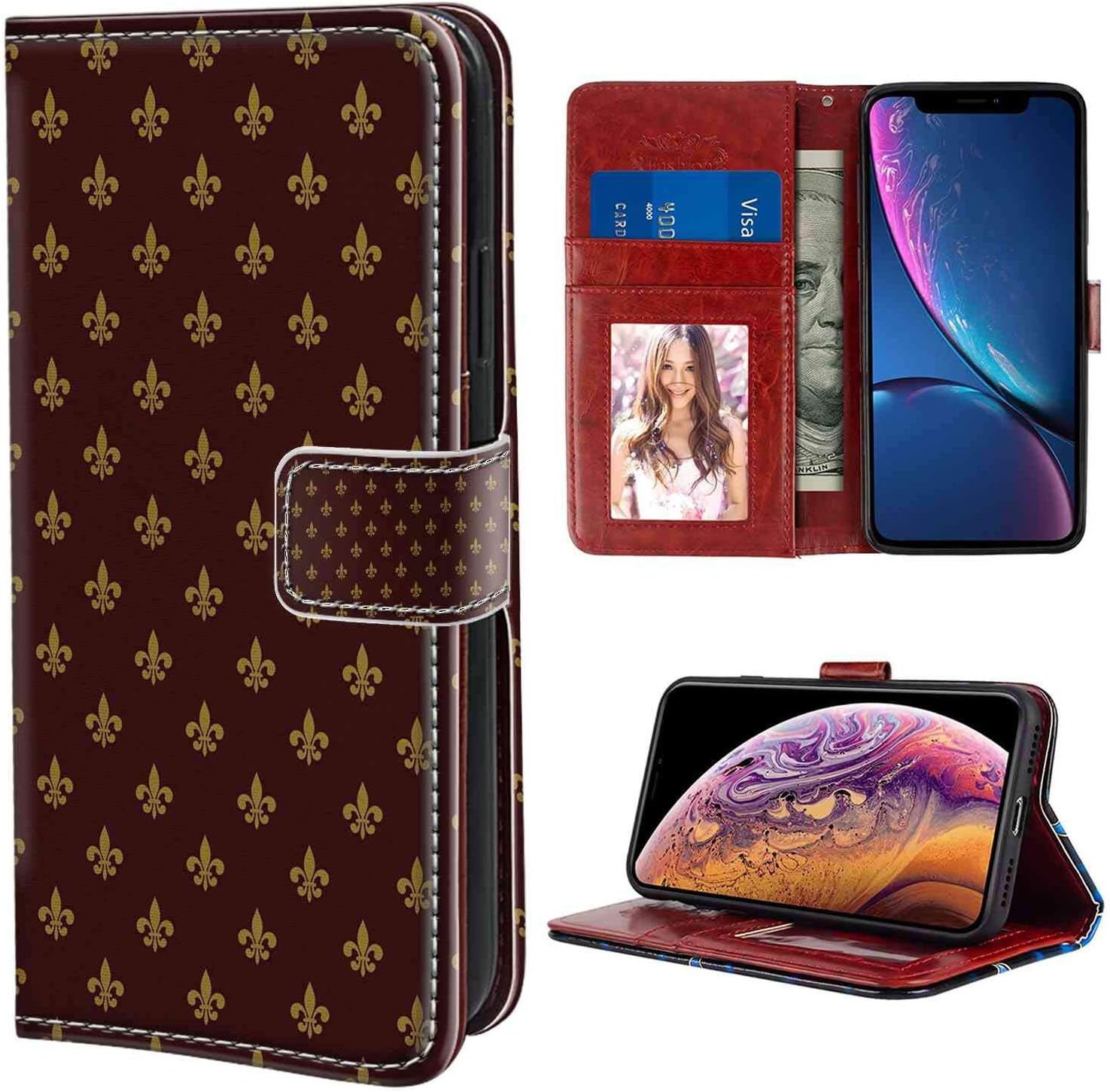 iPhone Xr Wallet Case, Fleur De Lis French Pattern European Culture Theme Abstract Vintage Renaissance Burgundy Earth Yellow PU Leather Folio Case with Card Holder and ID Coin Slot