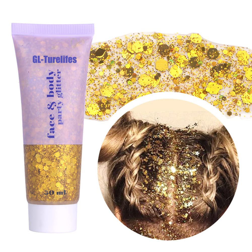 GL-Turelifes Chunky Glitter Gel Glitter Body Gel Festival Glitter Cosmetic Face Hair Nails Makeup Mermaid Sequins Liquid Eyeshadow Long Lasting Sparkling 50ml Easy to Apply, Easy to Remove (#02 Gold) — image 1