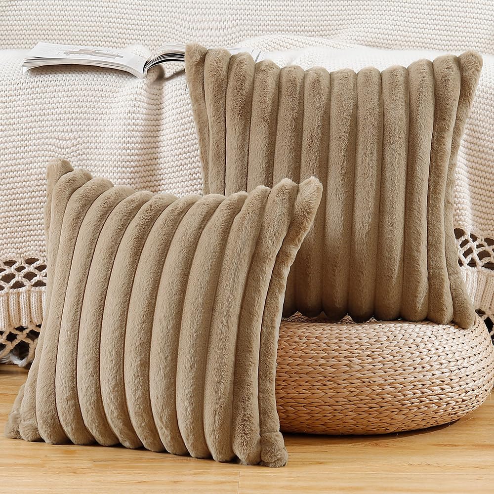 Photo 1 of MADIZZ Set of 2 Faux Wool Plush Decorative Throw Pillow Covers 20x20 Inch Brown Fluffy Striped Soft Decorative Cushion Cover for Sofa Bedroom Pillow Shell