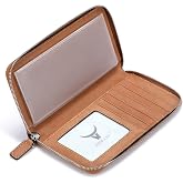 HISCOW Leather Checkbook Cover, Zippered Wallet, Aniline Leather Tan | Full grain cowhide, 5cc &amp; ID window, personal check book &amp; register pockets, removable duplicate divider, women secure zipper