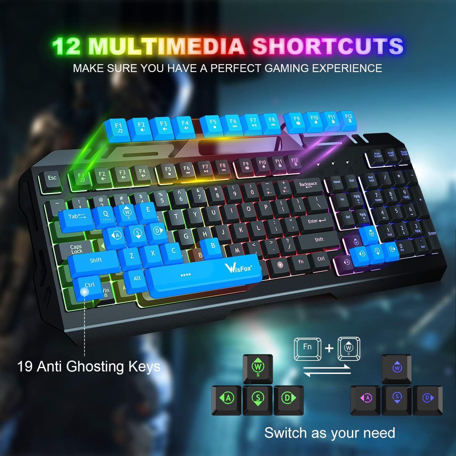Gaming Keyboard, WisFox Colorful Rainbow LED Backlit Wired Computer Gaming Keyboard with 104 Keys, USB Wired Keyboard and Spill-Resistant for Windows PC Gamers Desktop PS4: Computers & Accessories