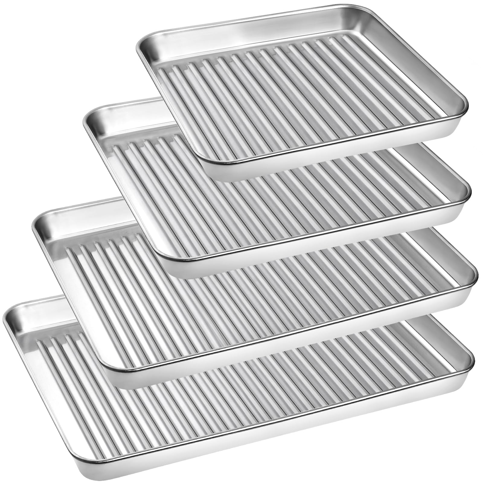 Non-Stick Baking Tray Set of 4, Essentials Stainless Steel Baking Sheet, Easy Cleaning Oven Trays for Cooking and Roasting, Rectangle Baking Pan, Corrugated Design (Large Size)