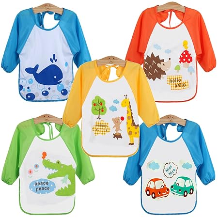 WeiterVor 5-Pack Wasserdicht Babylätzchen Langarmlätzchen mit Auffangschutz 1-3 Jahre (Jungen 5 Stück)