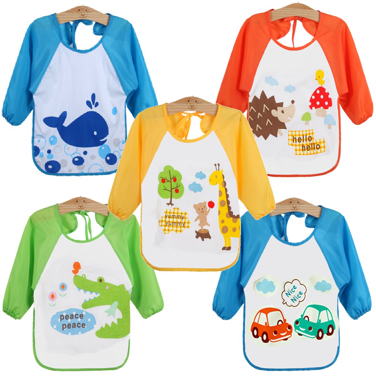 QinGuang 5 pcs Baby Waterproof Long Sleeved Bibs Catcher Pocket Smock Painting Playing Apron (Blue)