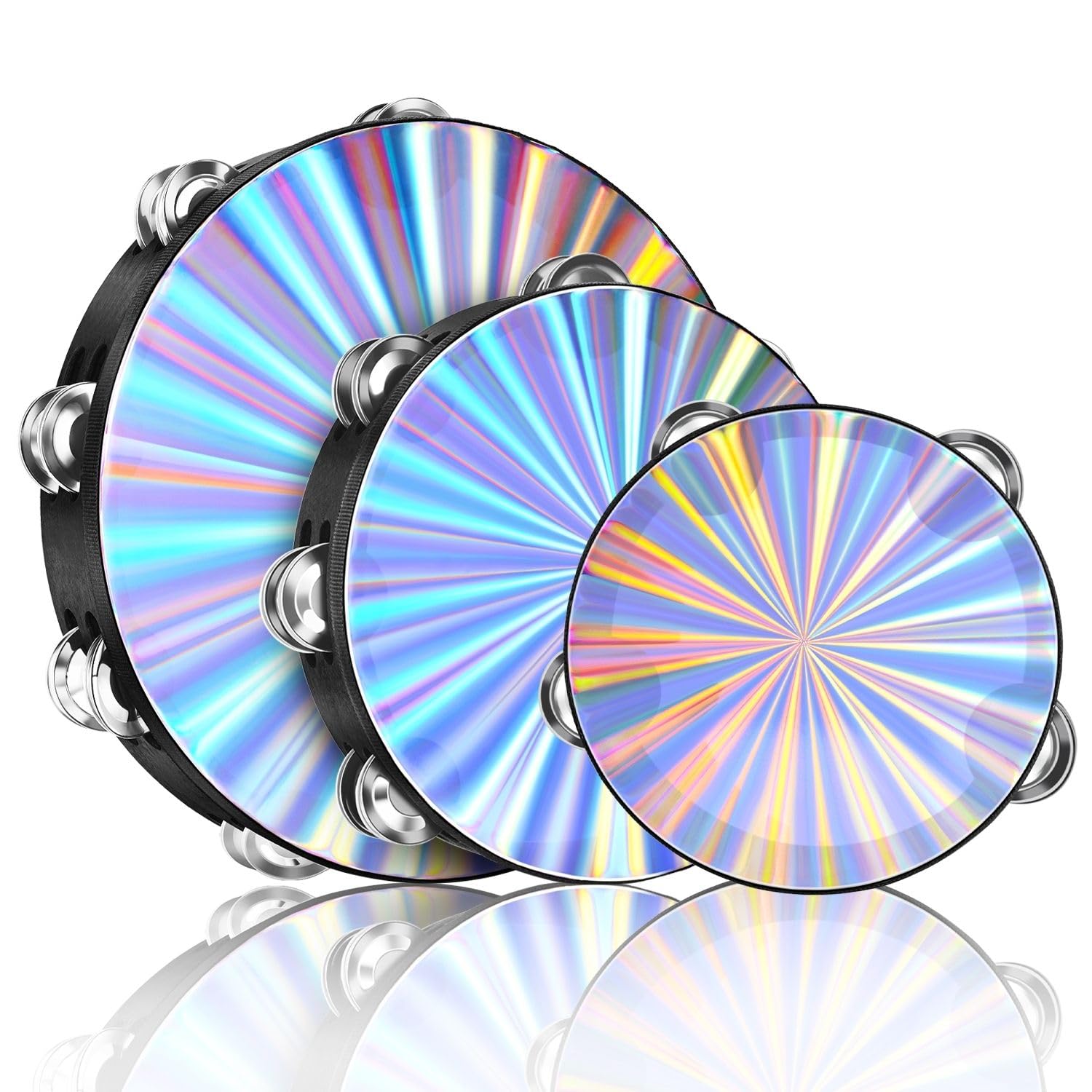 Flexzion Wood Church Tambourine Instrument - 6, 8, and 10 Inch Reflective Hand Drums for Kids and Adults, Single Row Metal for Church, Parties, & Musical Events, 3-Pack