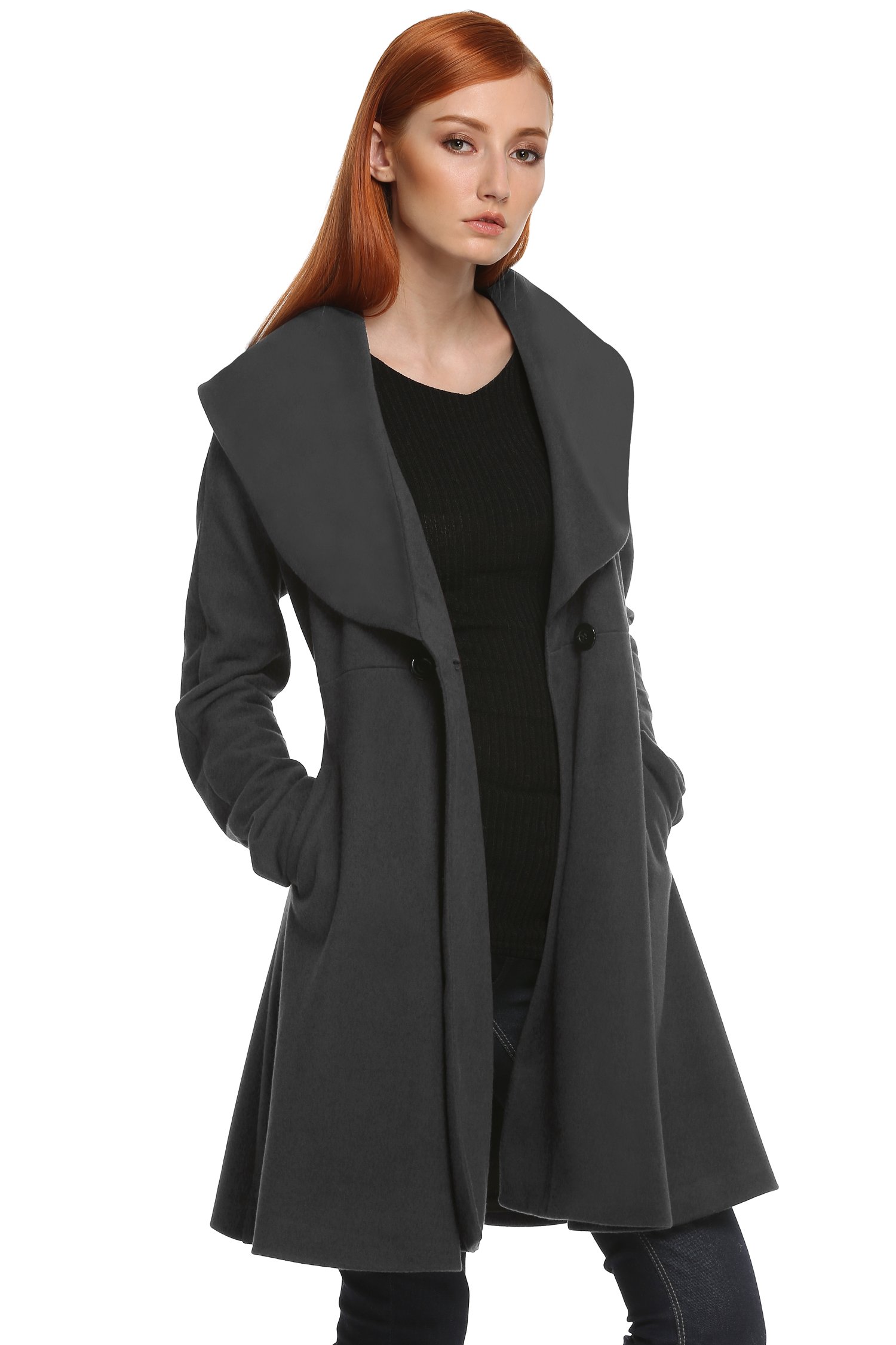 Korie Women Elegant Slim Fit Hooded Thick Pockets Woolen Trench Coat Overcoat (Gray, XXL)