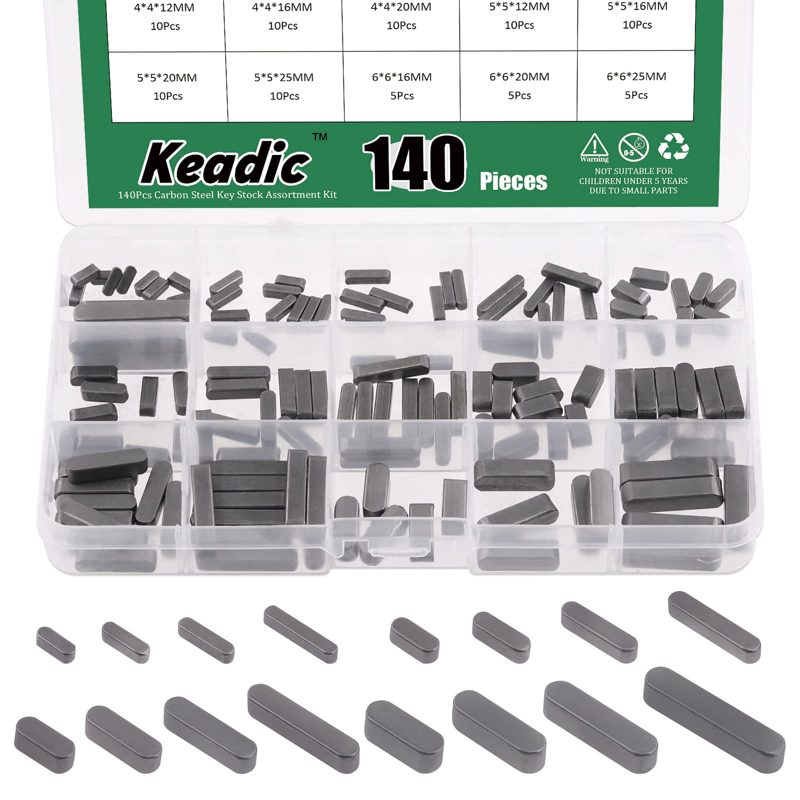 Keadic 140Pcs Carbon Steel Round Ended Parallel Drive Shaft Set, 8mm-30mm Professional Parallel Key Stock Pulley Feather Key for Fastening Connection