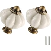 Zernmiarder 2pcs Ceramic Pumpkin Knobs - Antique White | Vintage Cabinet Knobs with Mounting Screws - Antique Drawer Pulls for Dresser, Closet, Cupboard, and Home DIY Project