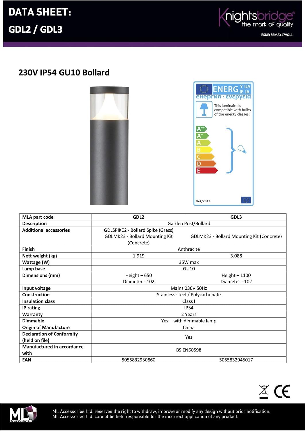 KNIGHTSBRIDGE 230V IP54 GU10 Garden Post Light/Bollard-1100MM, Stainless Steel, Black - Image 4