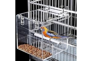 XXMBBJY No Mess Bird Feeder for Cage, Automatic Acrylic Bird Feeder Seed Catcher Tray Cage with Stainless Steel Hooks for Small Parrots Canary Parakeet Budgerigar Crested Cockatiel Lovebird (Small)