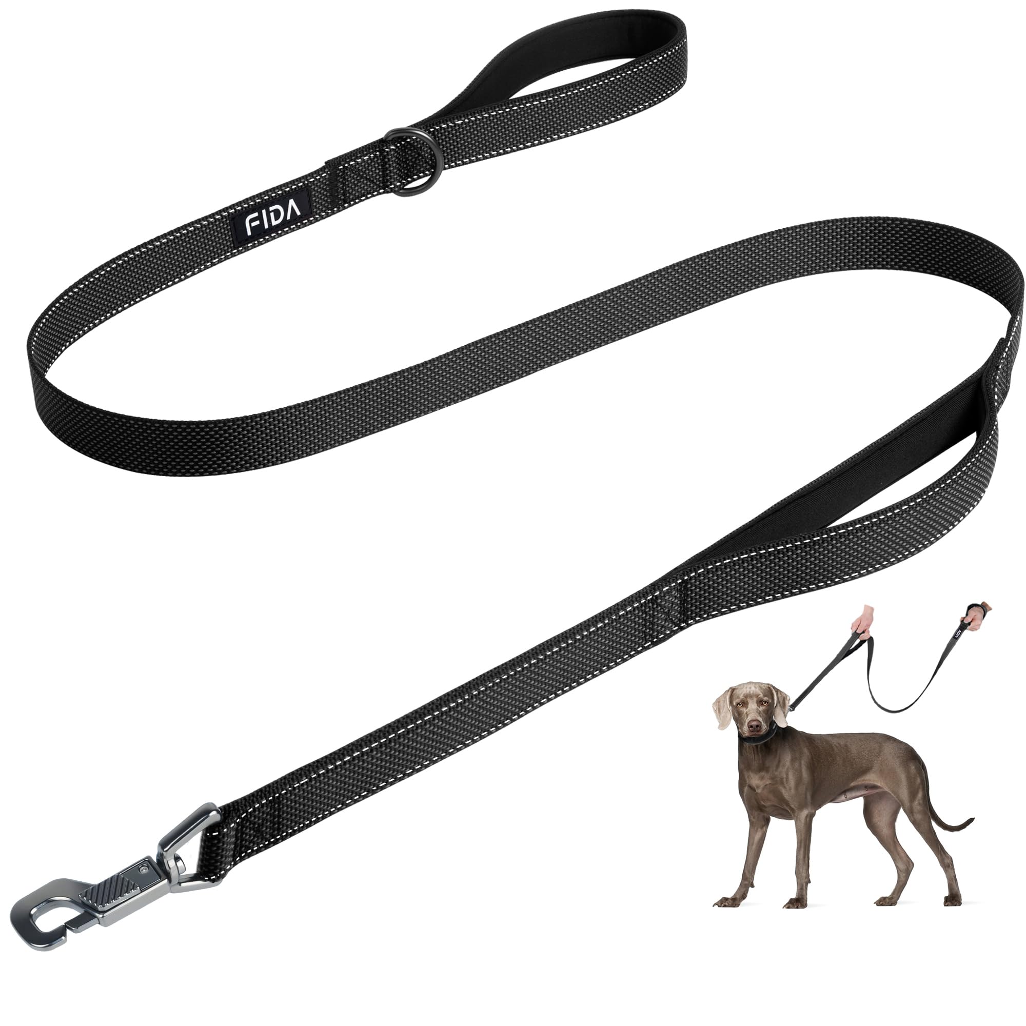 Fida 4 FT Heavy Duty Dog Leash with 2 Comfortable Padded Handles, Traffic Handle & Advanced Easy Snap Hook, Reflective Walking Lead for Large, Medium & Small Breed Dogs (4 FT x 1" Wide, Black)