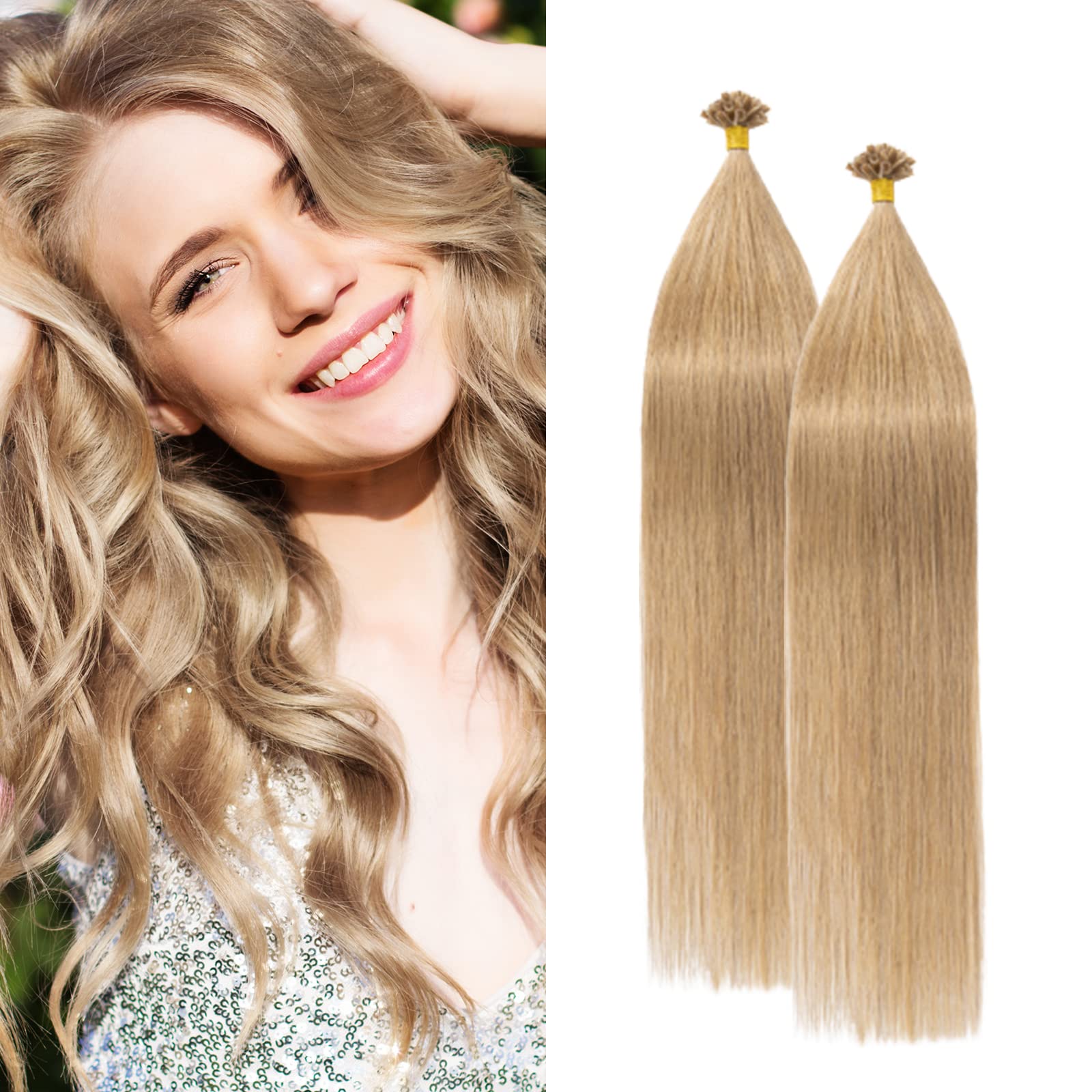 Silk-co U Tip Pre Bonded Hair Extensions Strands Keratin Nail Tip Straight Human Hair Extensions U tip Real Remy Hair 100 Strands Keratin Nail Til 18"-100g #27 Dark Blonde — image 1