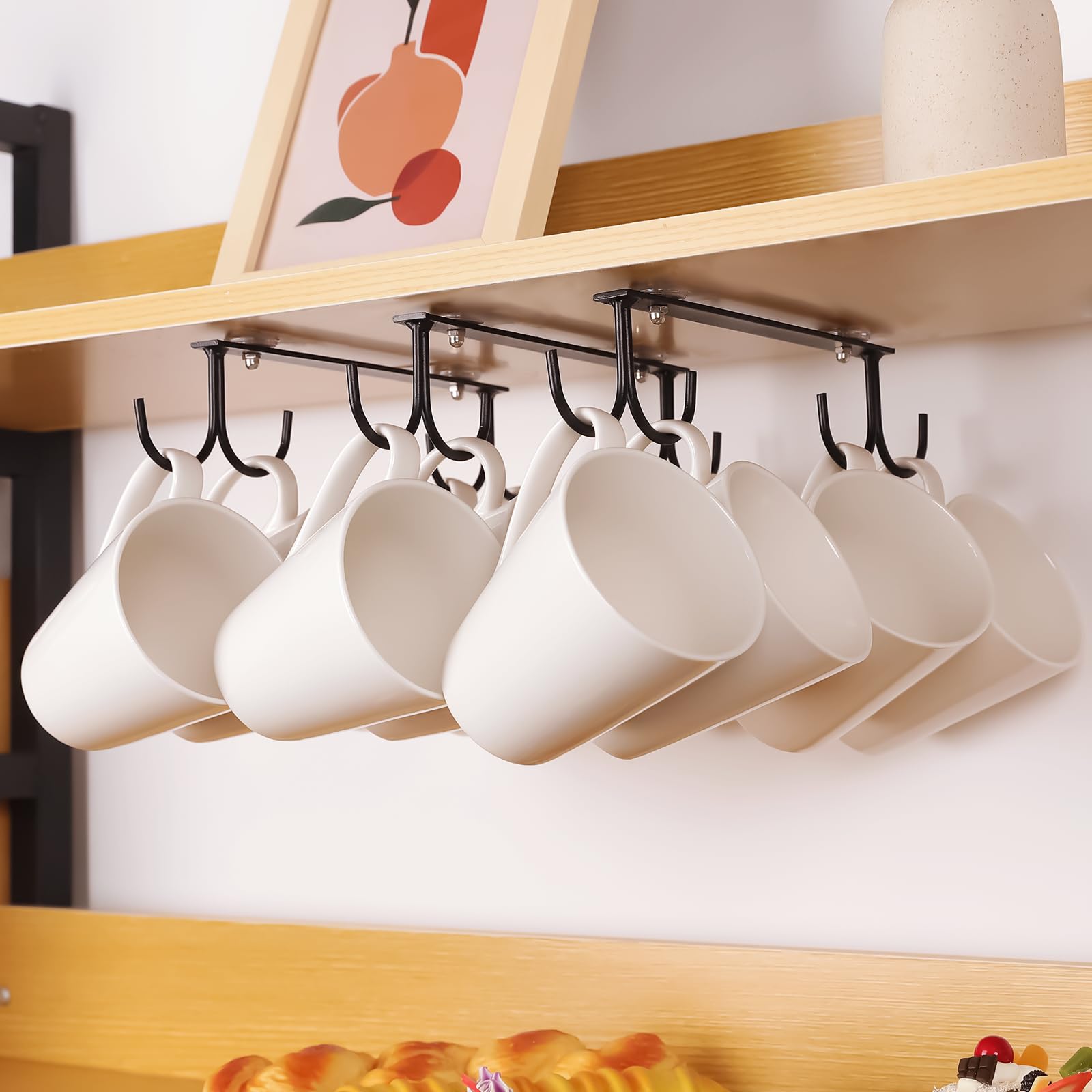 EigPluy 3 Pieces Under Cabinet Mug Holder,Under Shelf Mug Hooks,Coffee Cup Holder with 12 Hooks,Kitchen Hanging Mug Storage Rack (Black)
