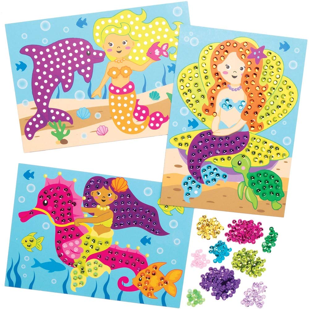 Baker Ross AT732 Mermaid Sequin Picture Kits - Pack of 4, for Kids Arts and Crafts Projects