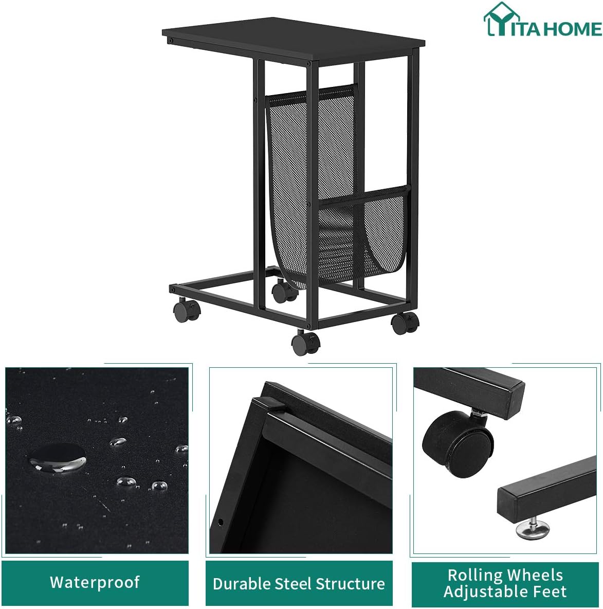 YITAHOME Sofa Side Table,Nightstands, End Table with Wheels and Side Pocket,Easy Assembly (Black) …: Kitchen & Dining