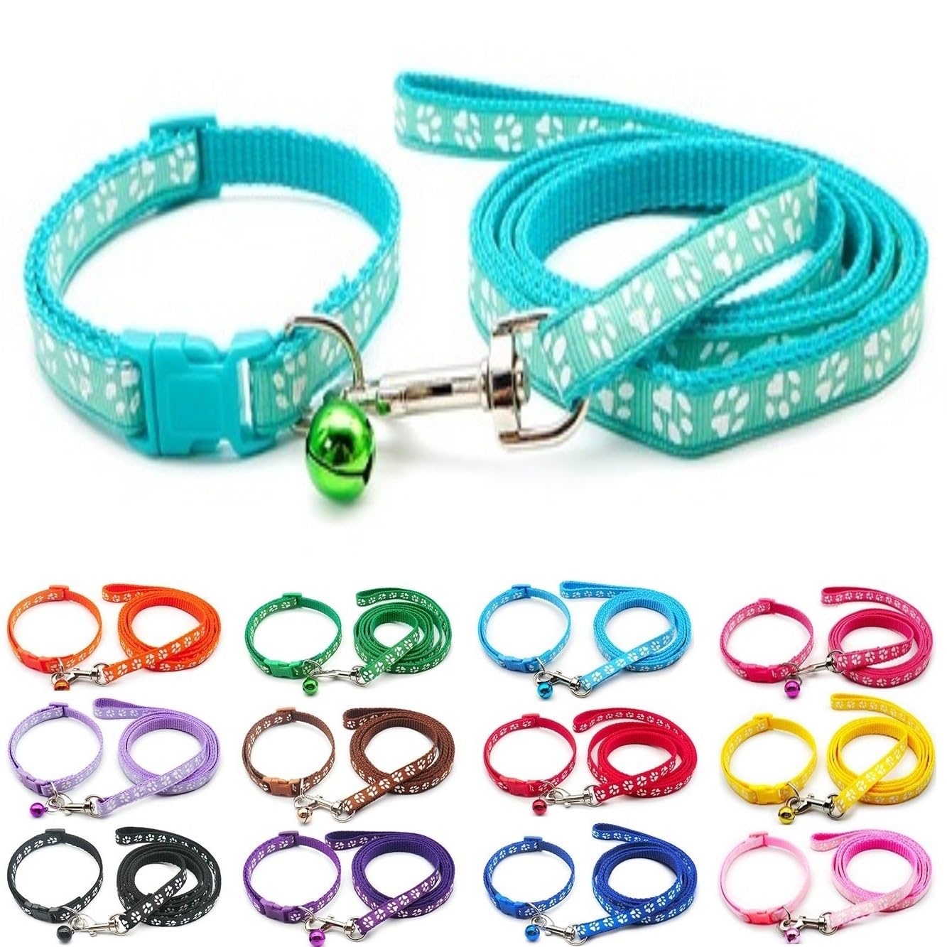 Small Dog Puppy Pet Collar and Lead Set Pawprint Design Nylon Adjustable Size 19-32cm Collar with Bell and 120cm Leash Aqua Blue Turquoise