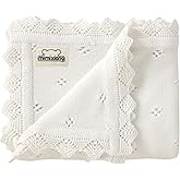 mimixiong Cotton Baby Blanket Knitted Crochet Receiving Crib Nursery Swaddling Blankets for Newborn Baby Boy Girl Off White 30x40 Inch