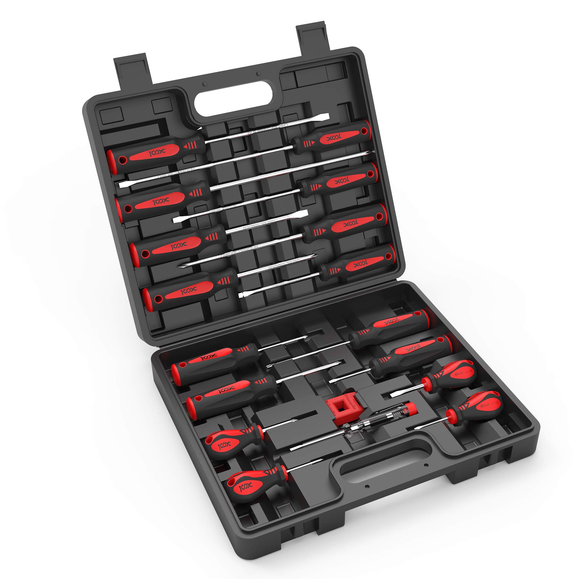 XOOL 18 PCS Magnetic Screwdriver Set with Case, 7 Phillips and 9 Slotted Tips, Professional Cushion Grip Screwdriver Non-Slip for Repair Home Improvement Craft