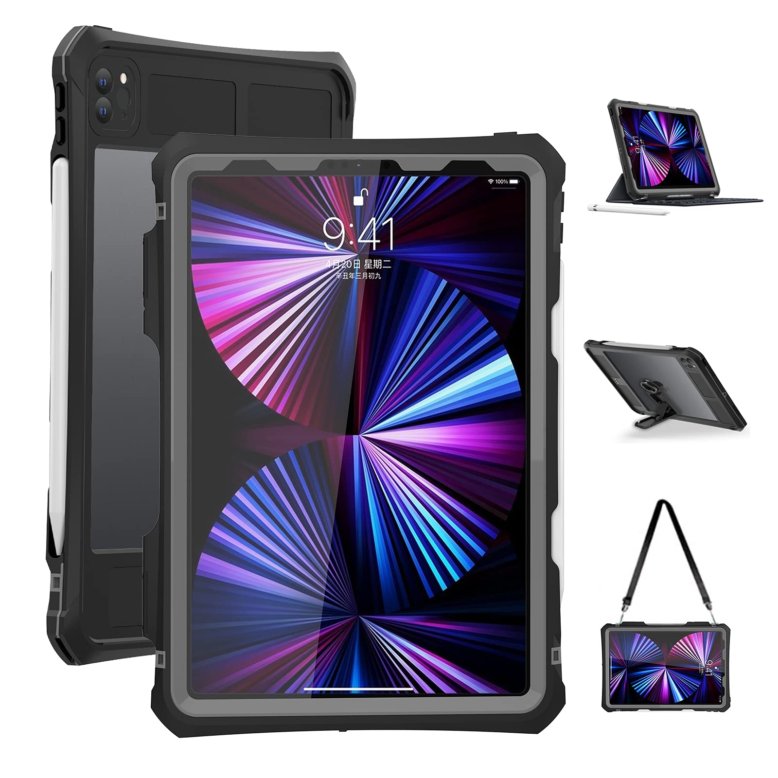 ShellBox Case New iPad Pro 11 inch 2020&2021 Waterproof Case, Full-Body Heavy Duty Shockproof Protective Cover with Kickstand Built-in Screen Protector Pencil Holder Shoulder Strap (Black) โ image 1