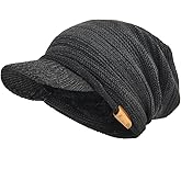 Mens Womens Thick Fleece Lined Knit Newsboy Cap Slouch Beanie Hat with Visor