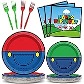96 Pcs Super Brother Party Supplies Set Super Brother Plates Super Video Games Tablewear and Napkins Forks Super Bros Birthday Party Decorations for Kids Baby Shower Serves 24