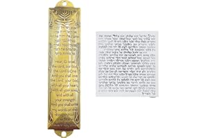 3 Arches USA Brass Shema Blessing Mezuzah Scroll - 5.5 Tall Jewish Door Mezuzah with Scroll, Hebrew & English Text, Menorah Design - Traditional Home Decor, Spiritual Protection
