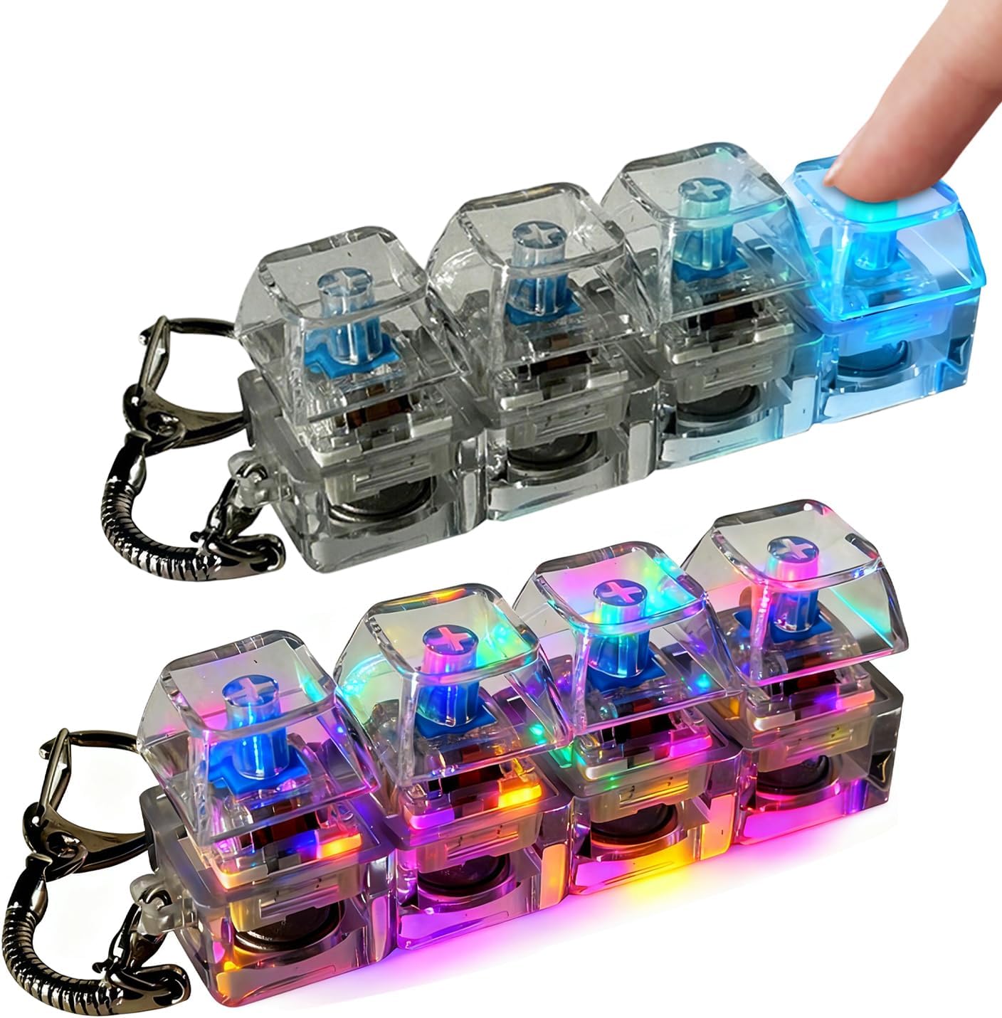 2 Pcs Fidget Keyboard Keychain, Portable Clicky Stress Relief Tool with Night Light, Durable ABS for Office/Commute/Travel, Clear Black