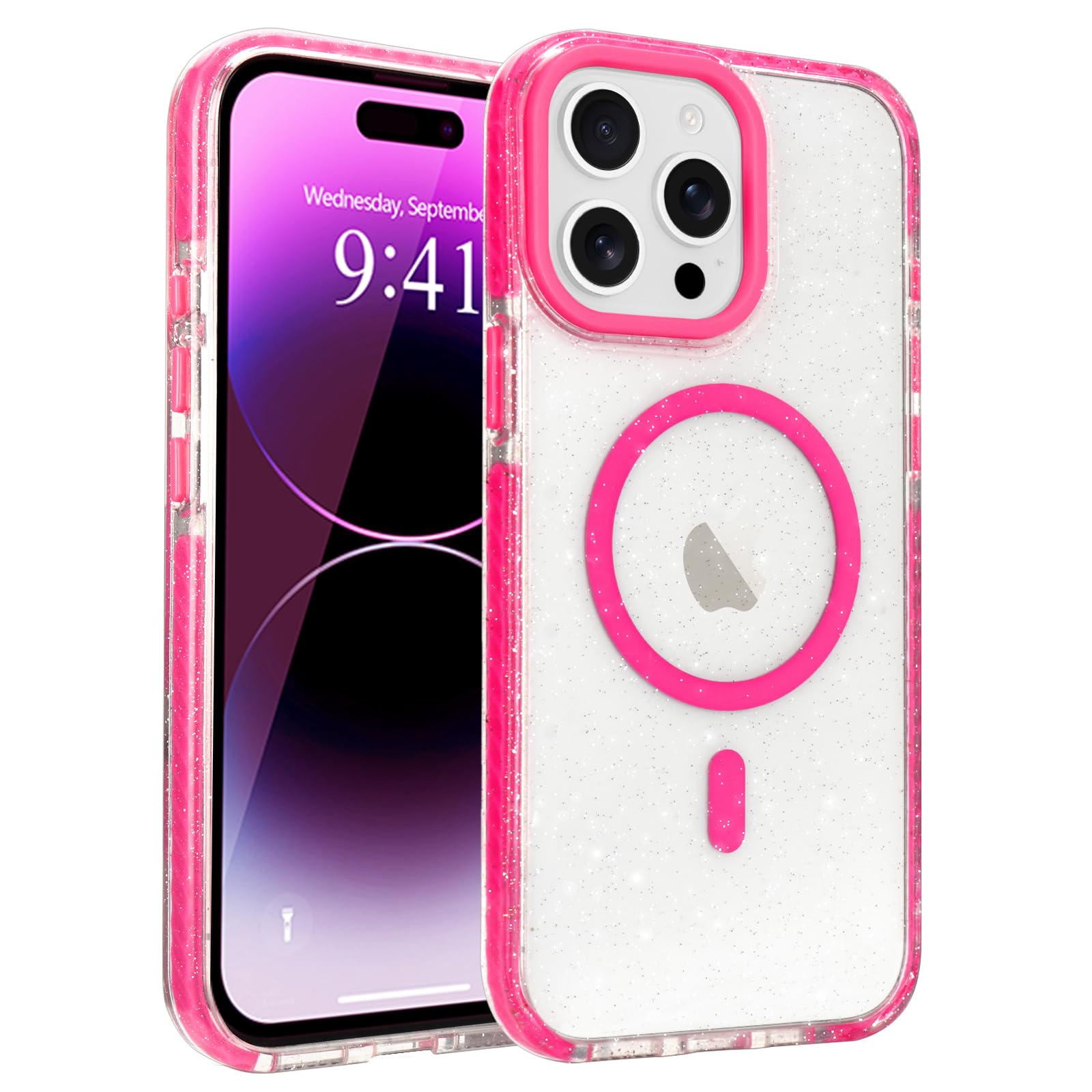 LLZ.COQUE Magnetic for iPhone 14 Pro Max Case, Compatible with Magsafe Transparent Glitter Sparkle Hard Back Cover for Wowen Girls Silicone Bumper Shockproof Phone Case for iPhone 14 Pro Max, Hot Pink