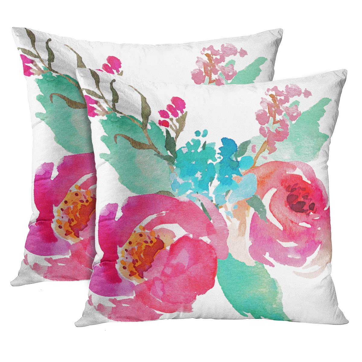 Photo 1 of Emvency Set of 2 Throw Pillow Cover Flowers Watercolor Peonies Pink Turquoise Summer Girly Decorative Pillow Case Home Decor Square 18 x 18 Inch Pillowcase