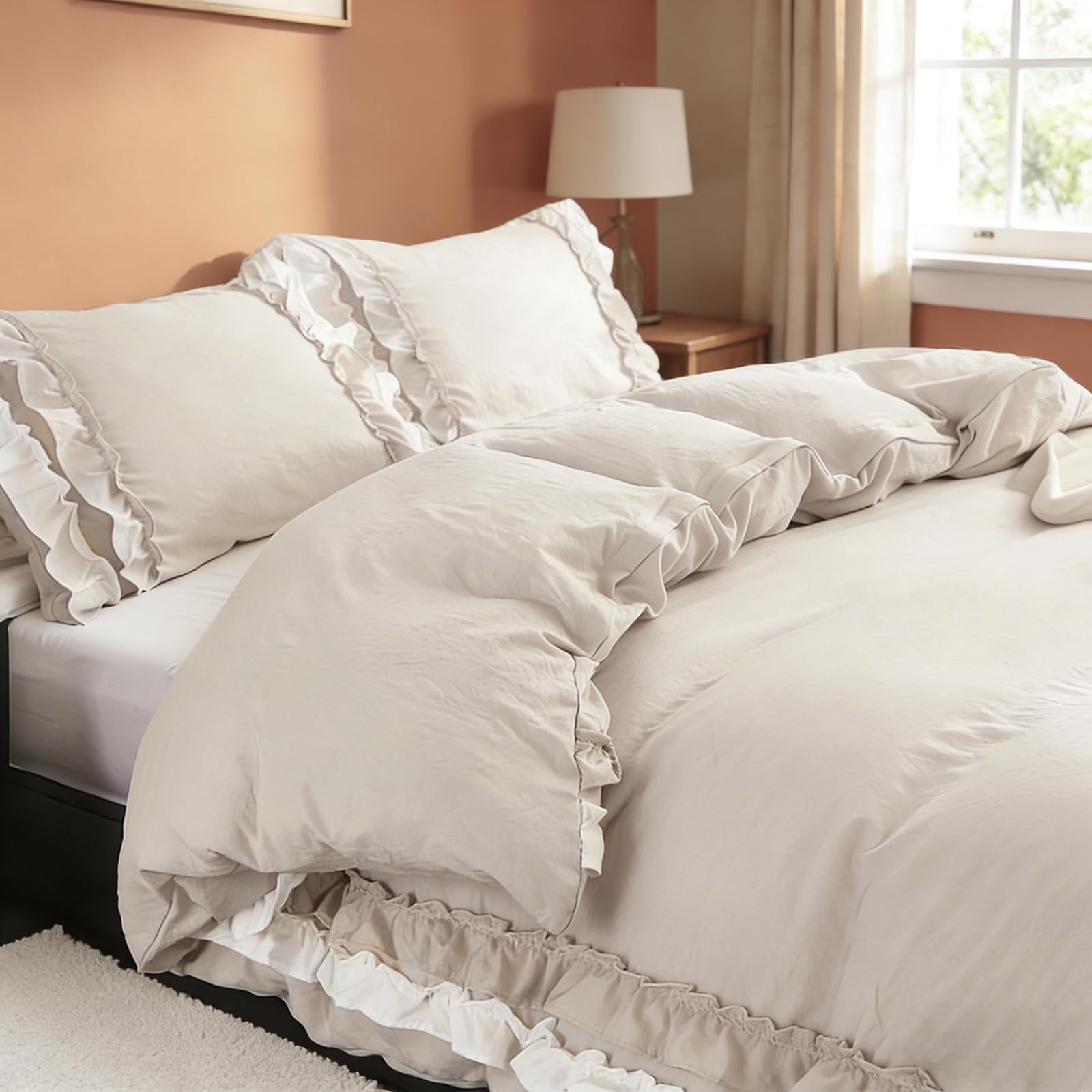 Wotcsil Beige Ruffle Bedding Set for Women Girls Ruffled King Duvet Cover Set Plain Duvet Cover Shabby Chic Retro Double-Layer Frill Edge Design with Pillowcase