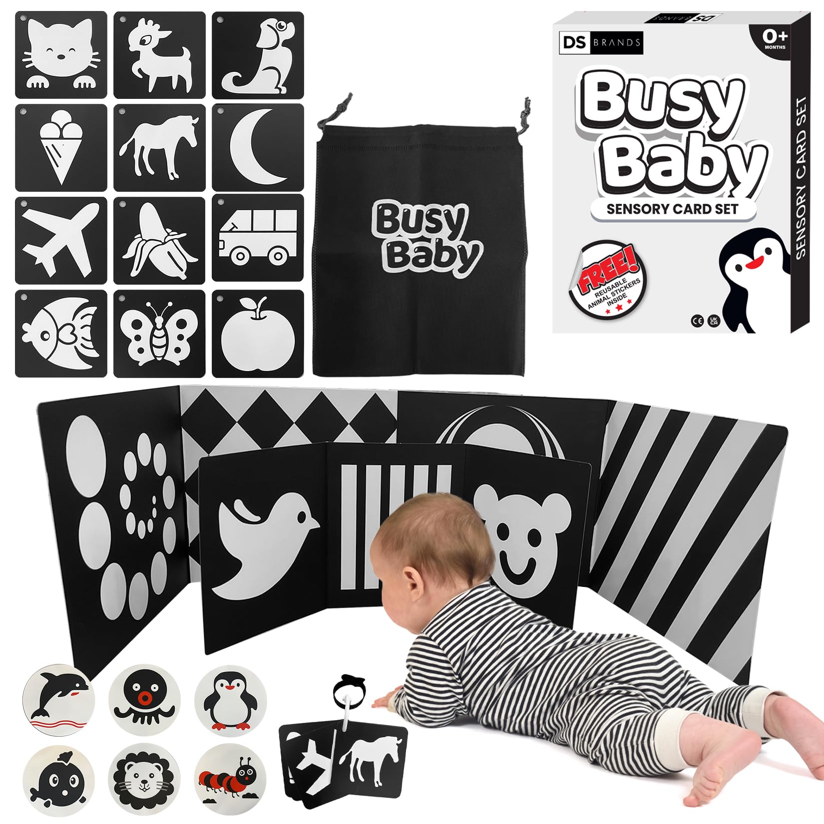 DS Brands Black And White Baby Sensory Card Set For Babies 0-6 Months - High Contrast Sensory Flashcards, Folding Boards, Stickers & Storage Bag - Newborn Educational Toy- Stocking Fillers Shower Gift
