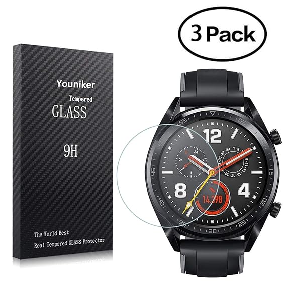 Youniker 3 Pack for Huawei Watch GT Screen Protector Tempered Glass for Huawei Watch GT Smart Watch Screen Protectors Foils Glass 9H ...