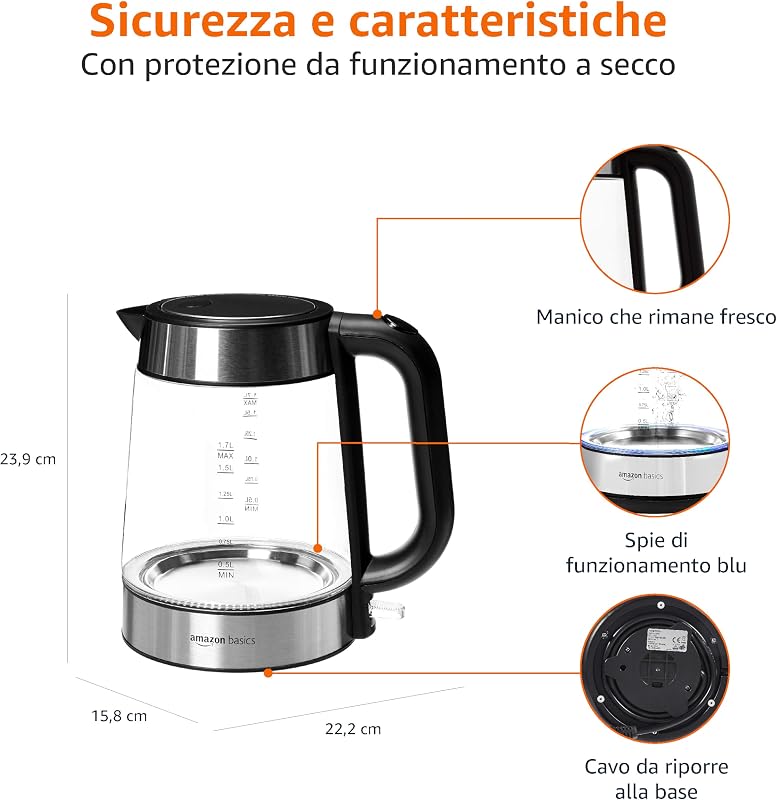 Chaleira elétrica de vidro, 1.7 l, 2200W, Preto, Prateado