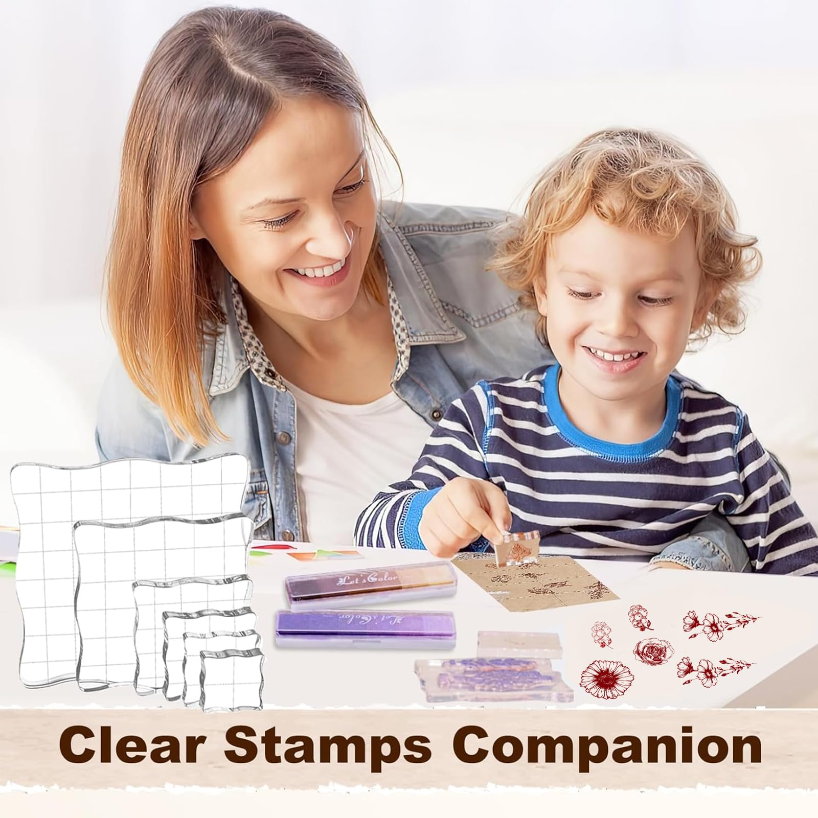 UCEC 4 Sheets Clear Stamps Set for Card Making, 2 Pcs Acrylic Stamp Block (7.5*7.5cm & 5*5cm), Vintage Plants Flowers Rubber Silicone Stamps, Small Clear Stamps for Crafts Decoration DIY Scrapbooking