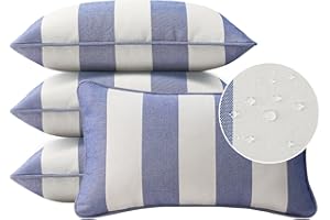 UNIMATTA Decorative Outdoor Water Repellent Throw Pillows with Inserts, Set of 4, 20" x12" Pillows for Patio, Backyard, Bed, Couch, and Patio Furniture, Navy Stripe