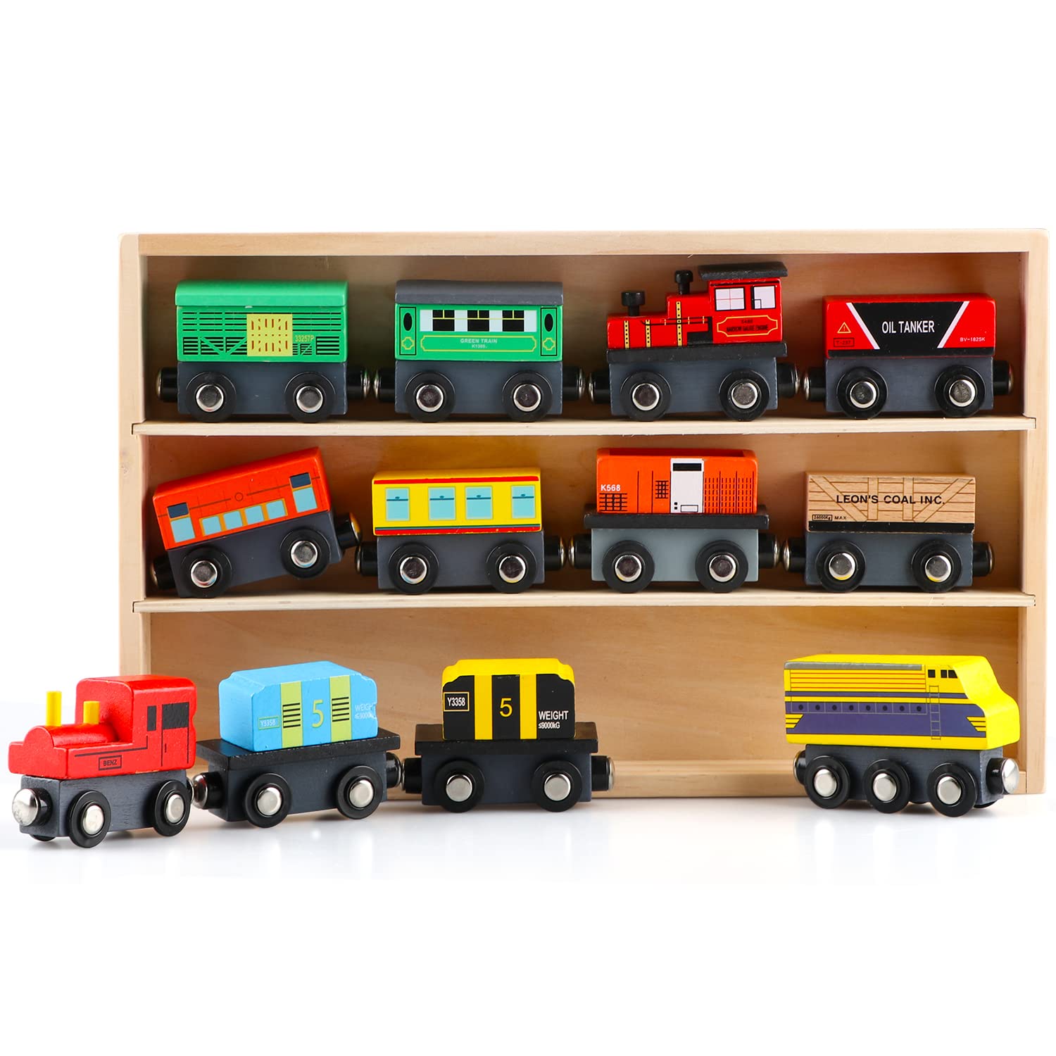 Jacootoys Wooden Magnetic Train Toy Set with Storage Box (12 Pack) Educational Vehicle Cars Engines for Boys & Girls 3 + Years
