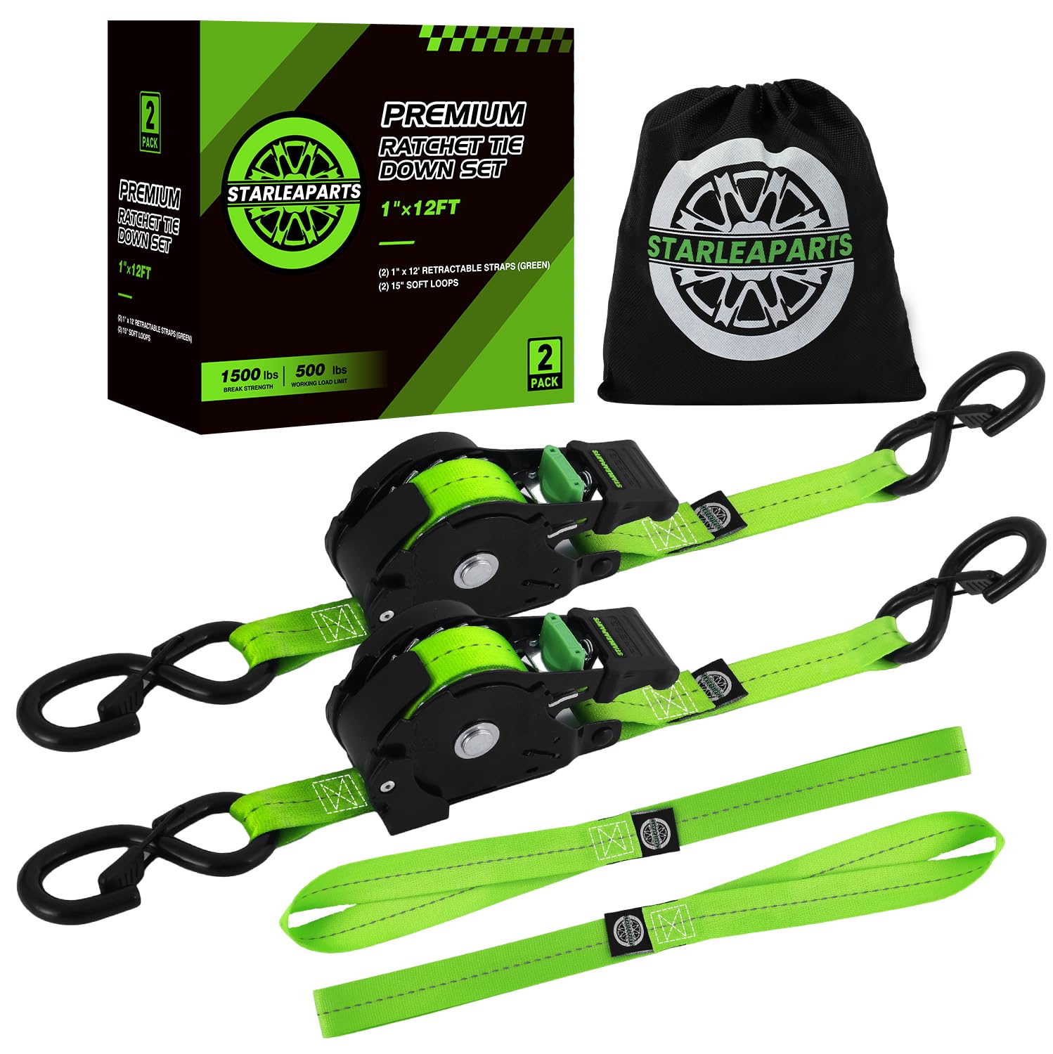 STARLEAPARTS Retractable Ratchet Straps(2PK 1.0INX12FT) - 1,500lb Break Strength, Ratchet Strap Heavy Duty with Rubber Coated Handle, Perfect Auto Ratchet Straps for Motorcycle, Kayak and Trucks Image